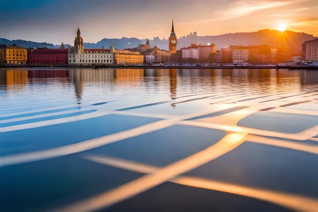 Photo a city with a river and a city in the background