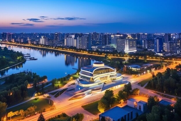 a city with a river and a city in the background