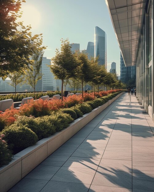 A city with a row of trees and a building with a view of the city skyline.