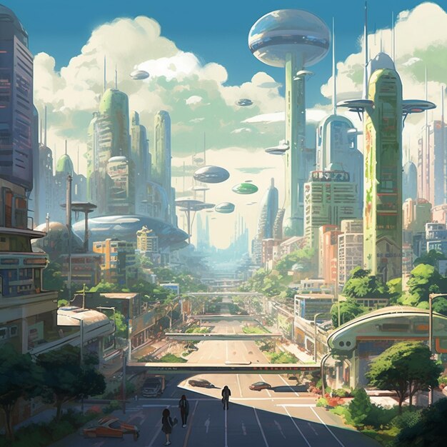 「未来都市」と書かれた標識のある都市