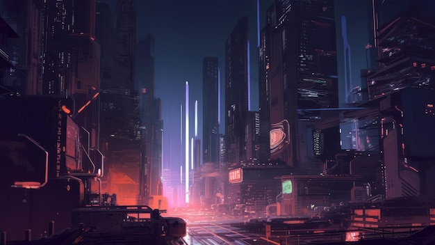 A city with a sign that says'cyberpunk'on it