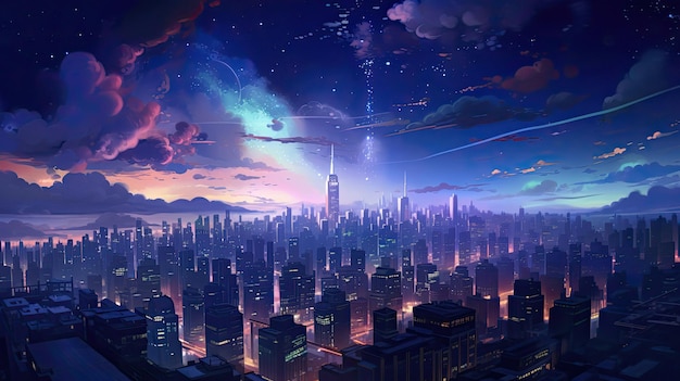 a city with a sky full of stars and clouds.