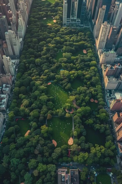 city with skyscrapers and parks birds eye view Generative AI