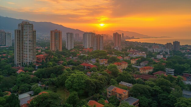 a city with a sunset in the background