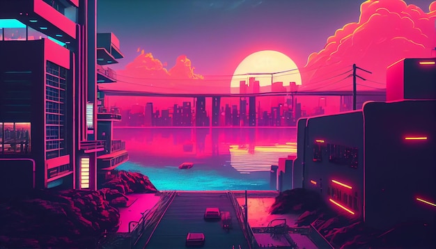 A city with a sunset and a neon city