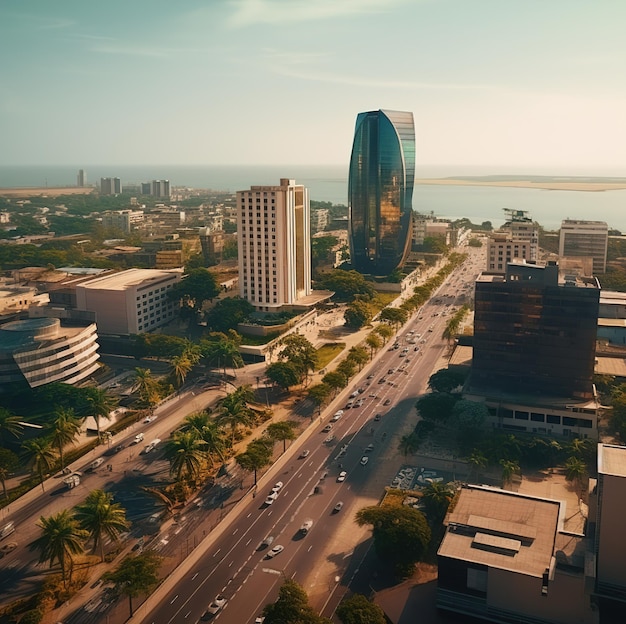 a city with a tall building and a street with a tall building in the background.