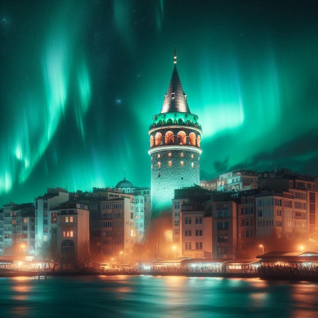 a city with a tower that has the northern lights on it