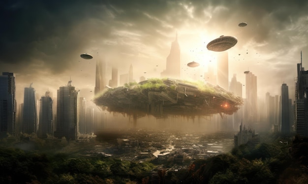 A city with a ufo in the sky