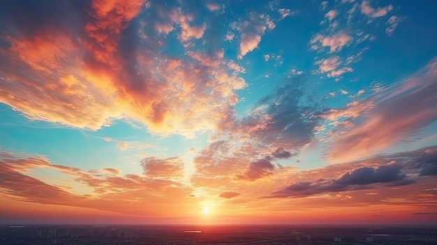 写真 鮮やかなドラマチックな夕焼け空が広がる街