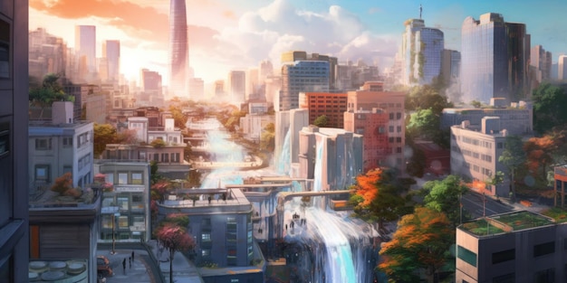 A city with a waterfall and a building in the background