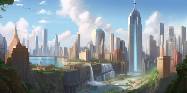 A city with a waterfall and a city in the background