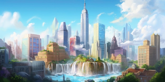 A city with a waterfall and a city in the background