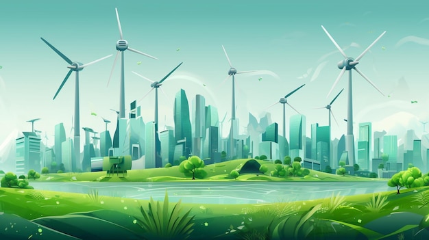 a city with wind turbines in the background.