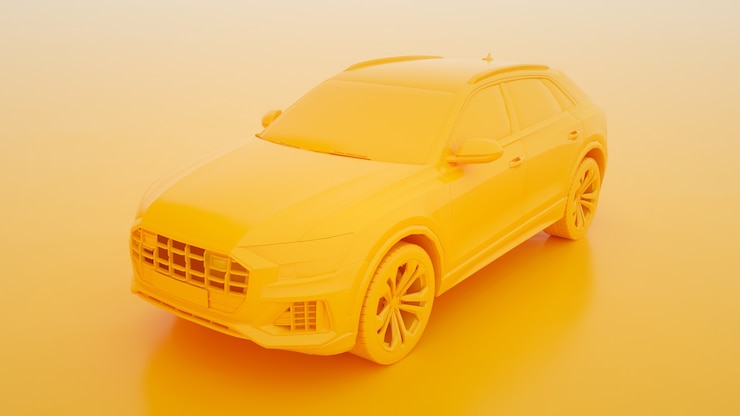Photo 노란색 3d 렌더링에 도시 노란색 프리미엄 suv.