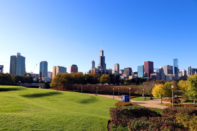 Cityscape against clear blue sky