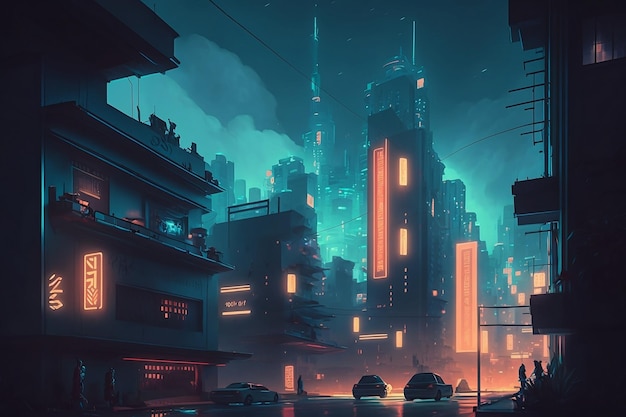 Cityscape of Asian city at night in neon colors