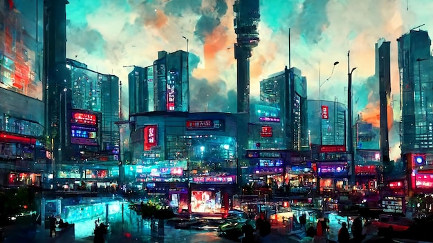 Cityscape of asian cyber city at night