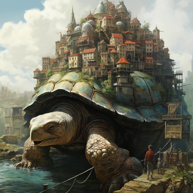 A cityscape on the back of a giant turtle