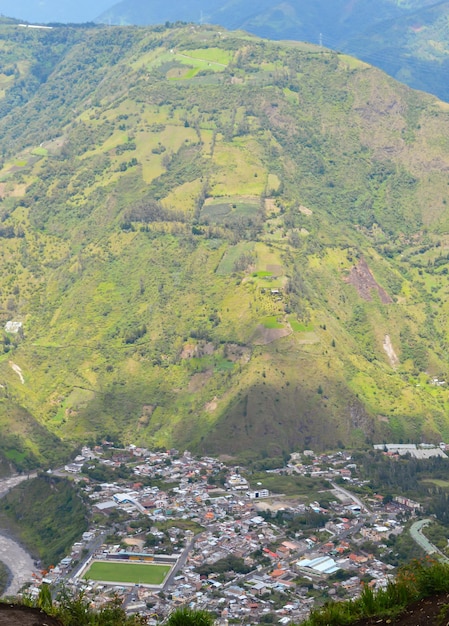 cityscape of Banos Ecuador panoramic view in the middle of mountains