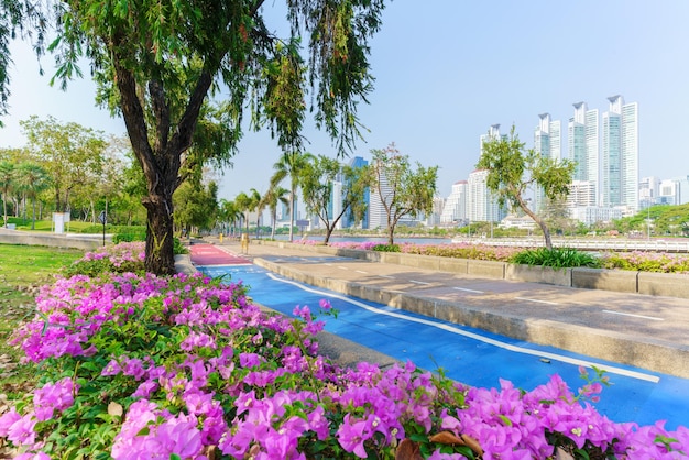 Cityscape of Benchakitti park , green lung of Bangkok ,Thailand