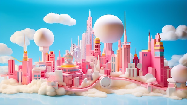 Cityscape in blue and pink with clouds floatin generative ai