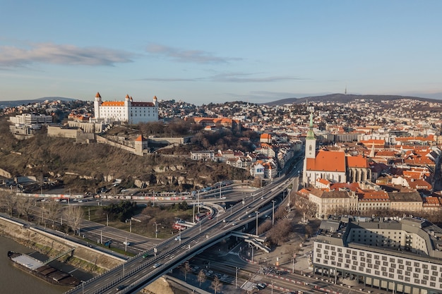 Cityscape of Bratislava, city center. Aerial view