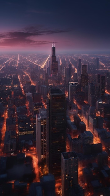 Cityscape of chicago at dusk with lights from the skyline Generative AI