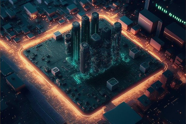 Cityscape on circuit board