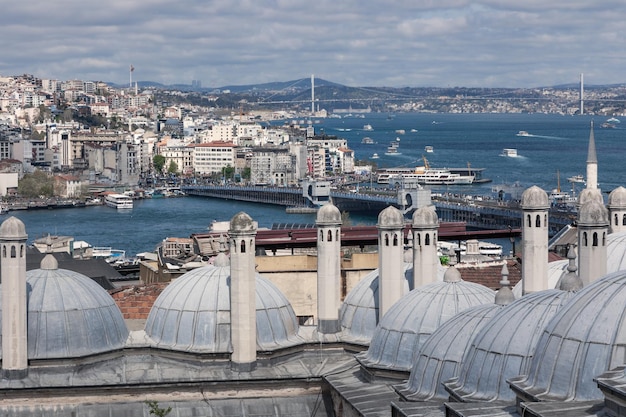 Cityscape dakpanorama op zonnige dag met koepels van historische religieuze gebouwen Istanbul Turkije