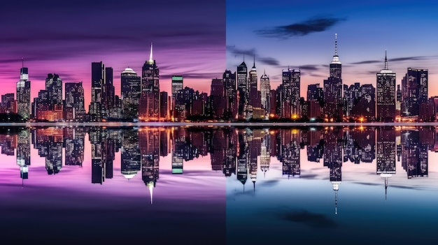 A cityscape between day and night