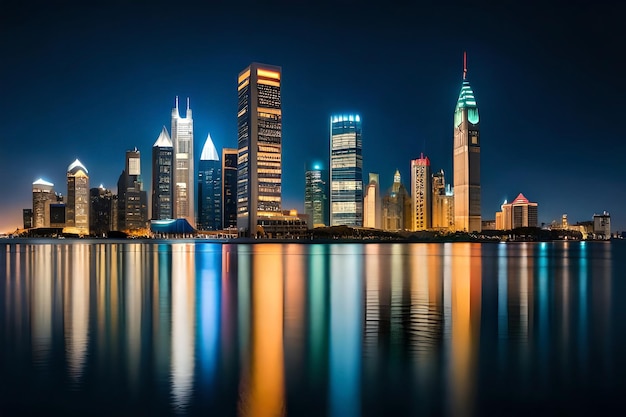 푸른 하늘과 건물의 불빛이 있는 두바이의 도시 풍경