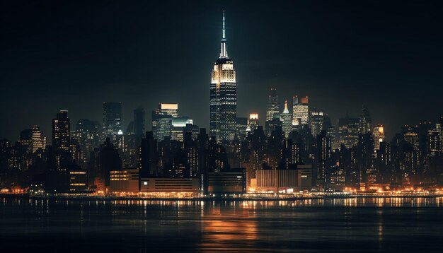 Photo cityscape of famous financial district skyscrapers glowing in twilight reflection generated by artificial intelligence