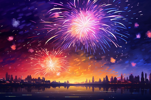 Cityscape and fireworks on the background of the night sky Happy New Year