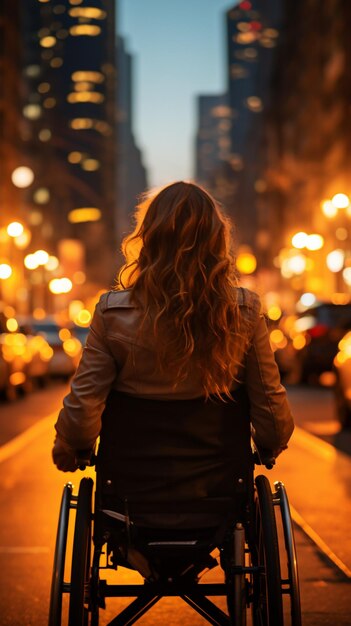 Photo cityscape frames woman in wheelchair from behind depicting urban mobility vertical mobile wallpaper