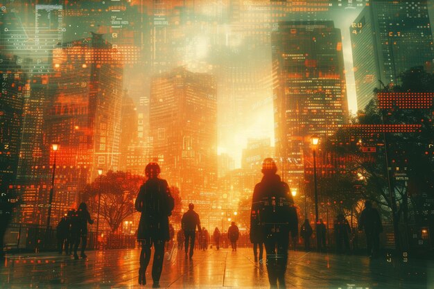 Cityscape of the future with people walking on a street