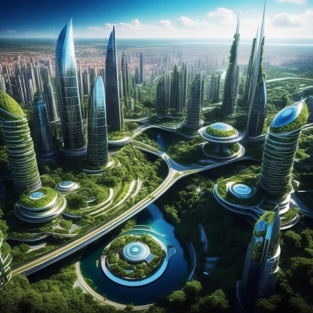 Paesaggio urbano della futura città verde futuristica architettura ecologica con giardino verticale idroponico