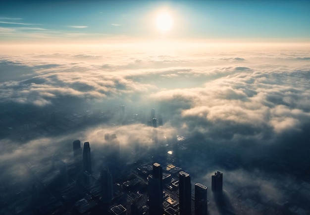 A cityscape has a hazy backdrop of clouds