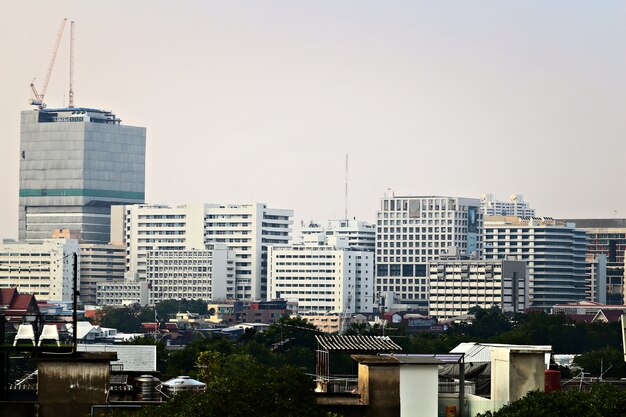 cityscape image, many giant building with many style house in center of city