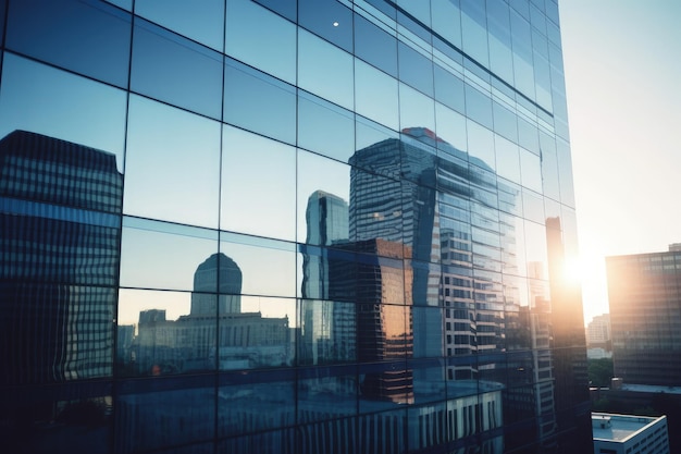 A cityscape is reflected in the windows of a skyscraper generative AI