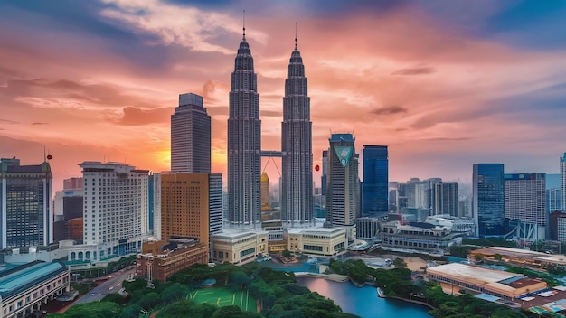 Cityscape of kuala lumpur city skyline at sunset in malaysia