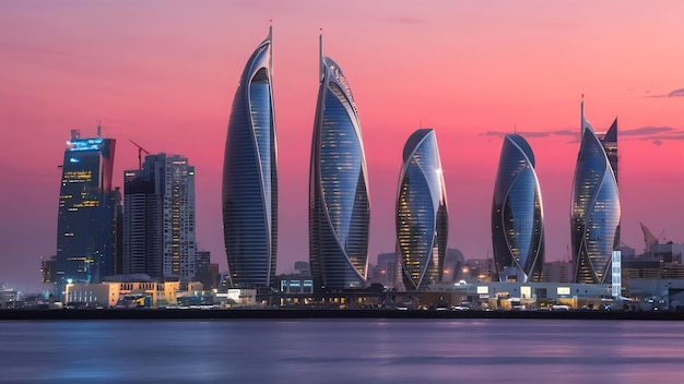 Cityscape of manama with incredible bahrain world trade center or bwtc building kingdom of bahrain