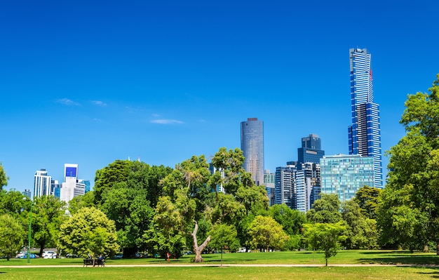 Cityscape of Melbourne from Kings Domain parklands in Australia