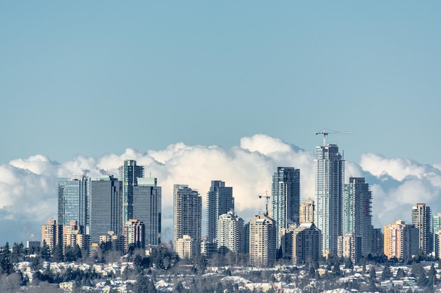 Cityscape of metrotown on winter season city in foggy winter morning in canada