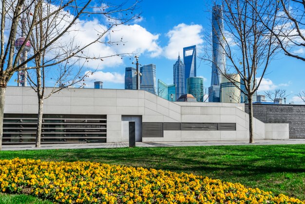 Cityscape, modern architecture and lawn