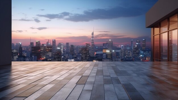 Cityscape of modern city at dawn from empty floor