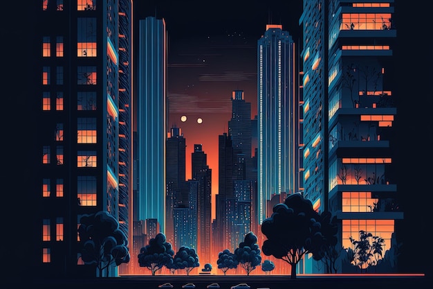 Cityscape of a modern city at night flat illustration