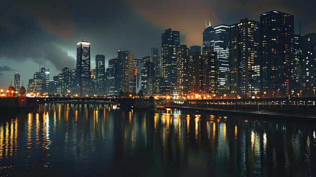 Foto paesaggio urbano di una città moderna con grattacieli e un fiume in primo piano