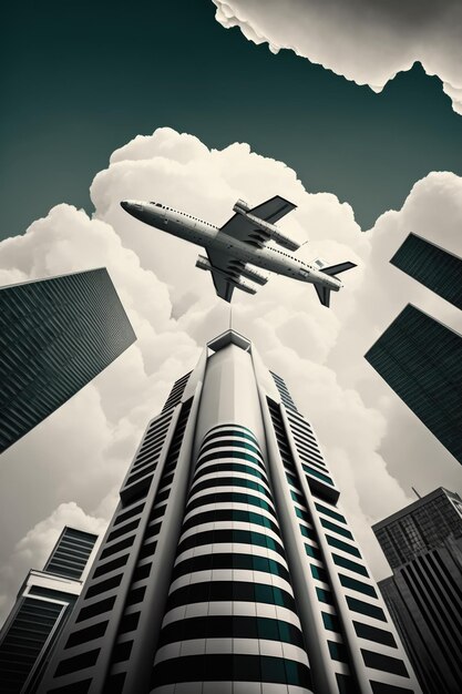 Cityscape of modern skyscrapers over airplane on sky and clouds using generative ai technology
