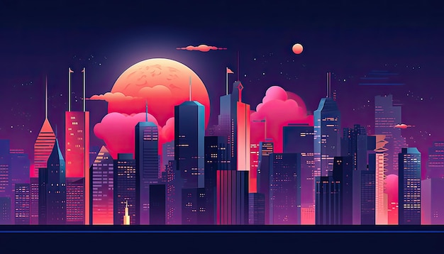 Cityscape at night illustration cartoon flat style simple digital poster design Generative AI