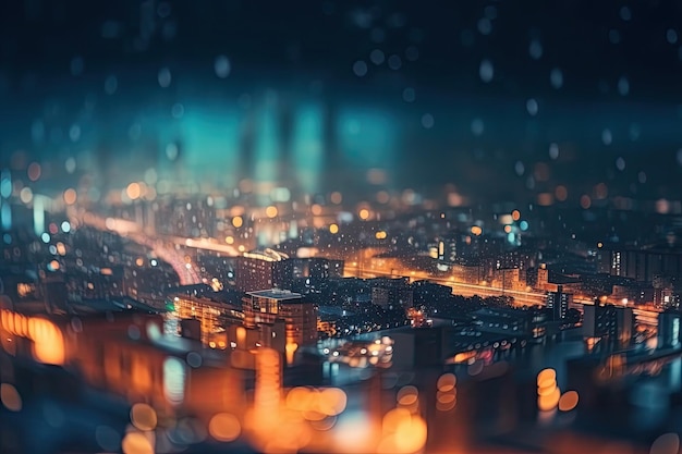 Cityscape at night seen through a window